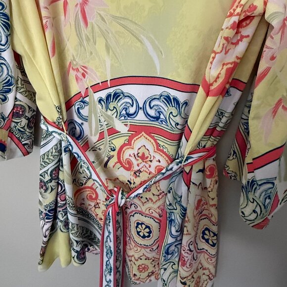 Colorful Floral Cold-Shoulder Belted 3/4 Length Sleeve Top XL - Picture 3 of 5